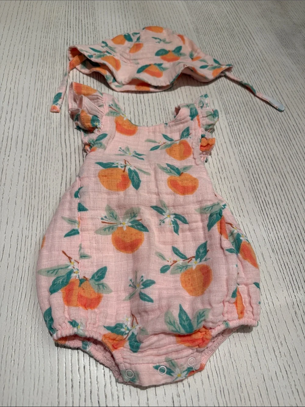 Angel Dear Light Pink Orange Blossom-Print Muslin Baby Romper with Matching Hat